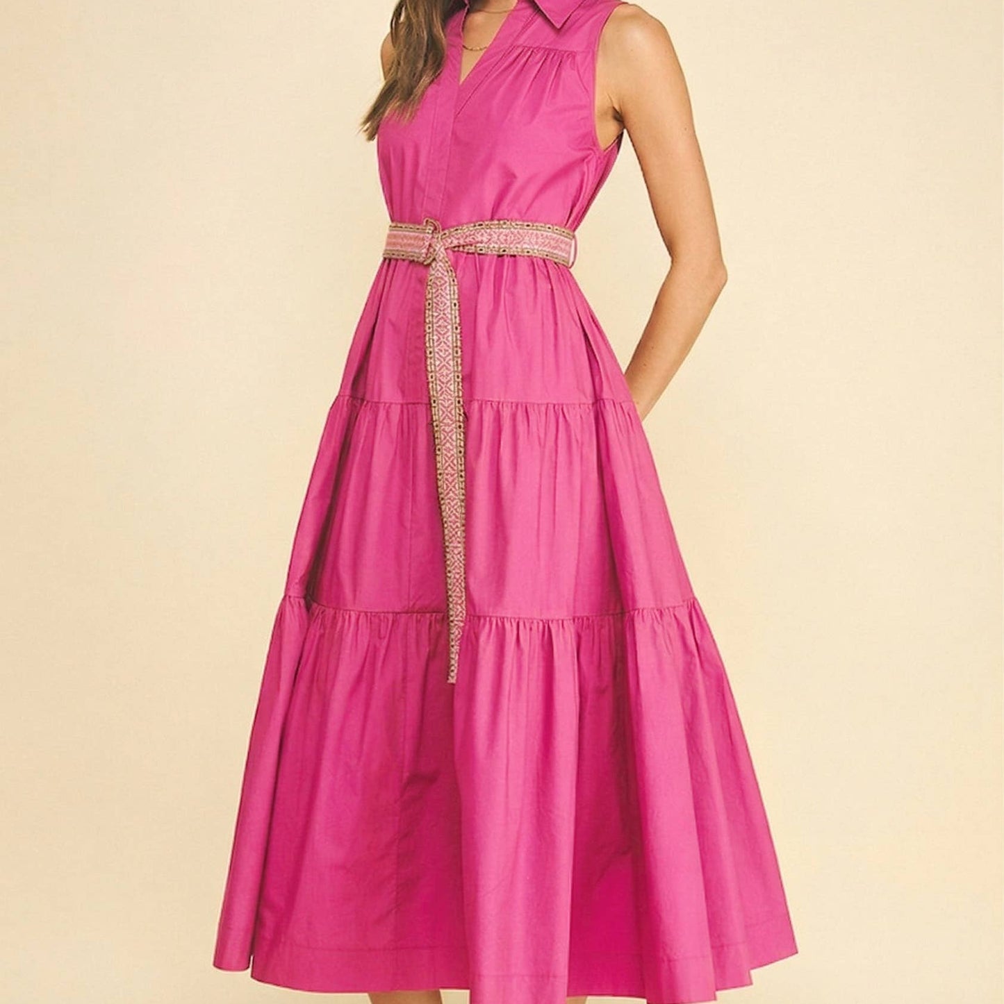 Tiered Midi Dress With Embroidered Belt
