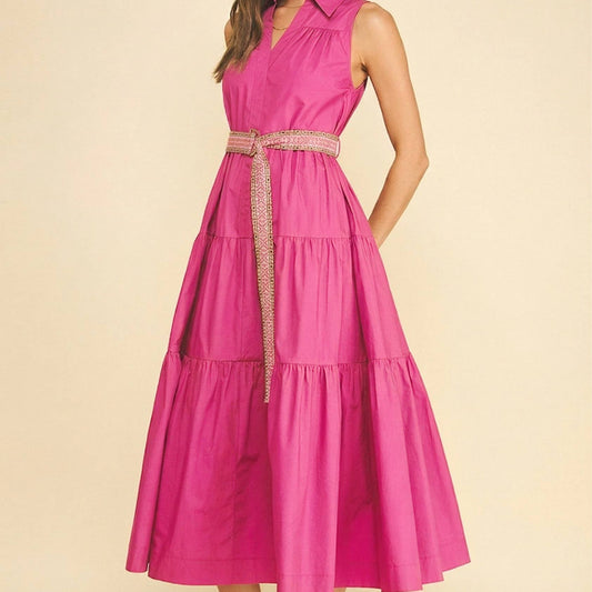 Tiered Midi Dress With Embroidered Belt