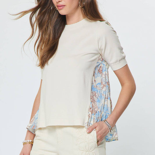 Short Sleeve Knit Top W/Floral Chiffon Back
