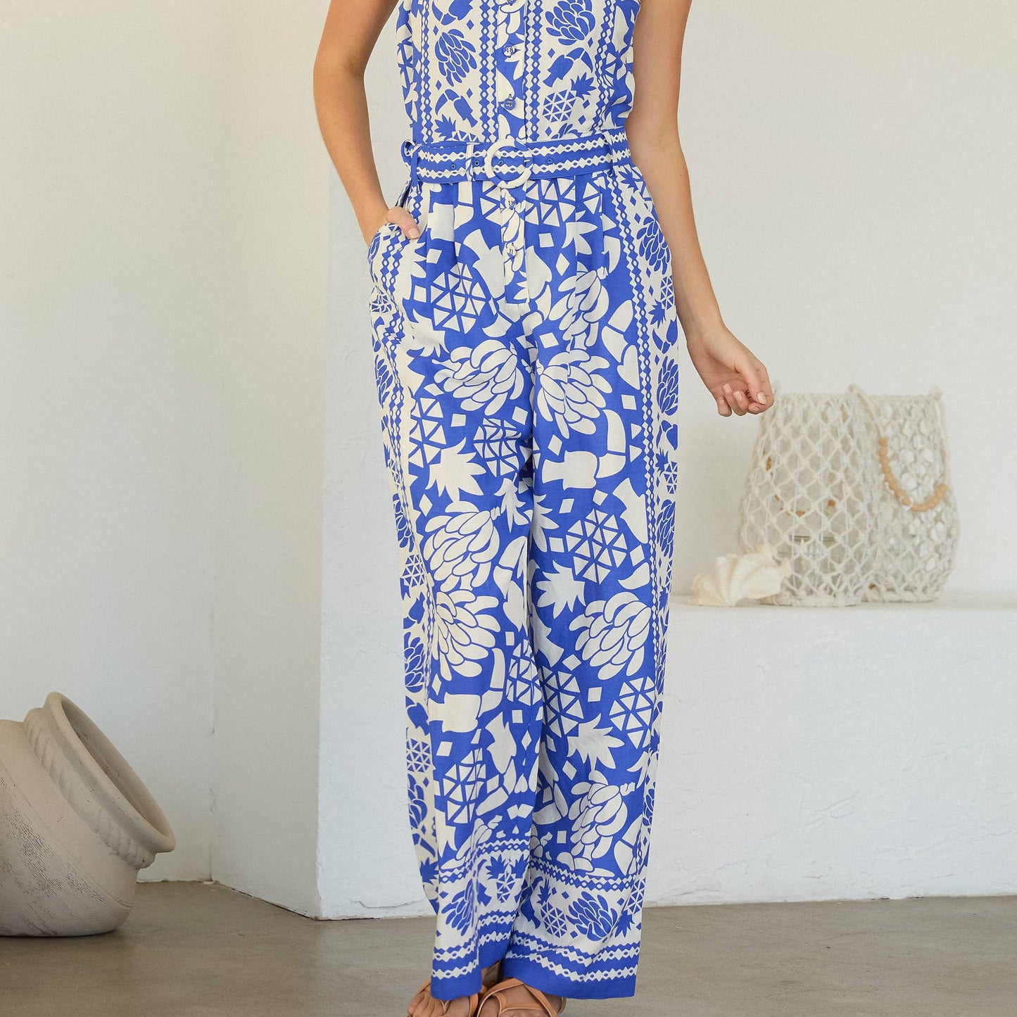 Border Print Button Front Jumpsuit with Belt