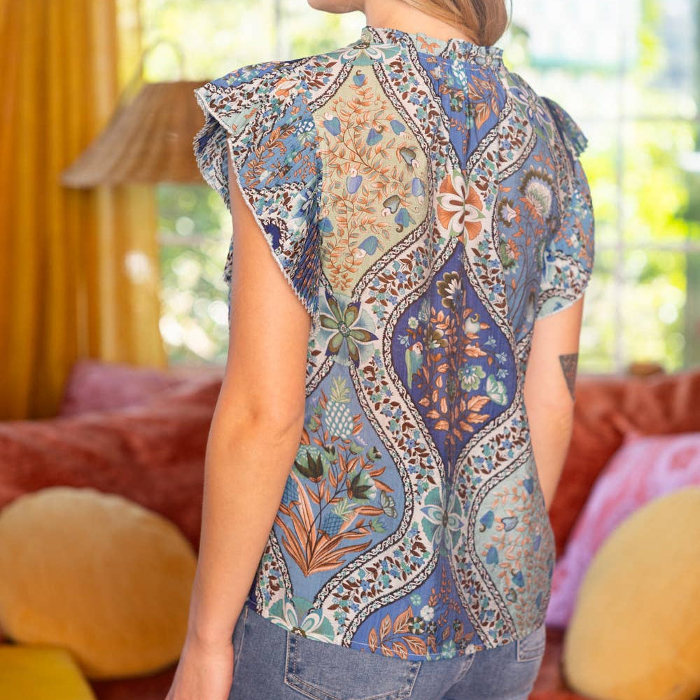 Pleated Sleeve Button Down Floral Printed Top