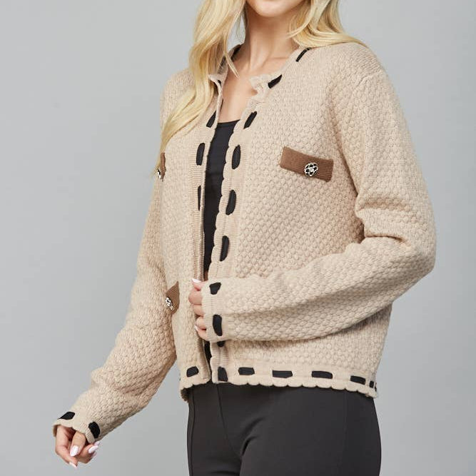 Webbing Ribbon Trimmed Open Cardigan