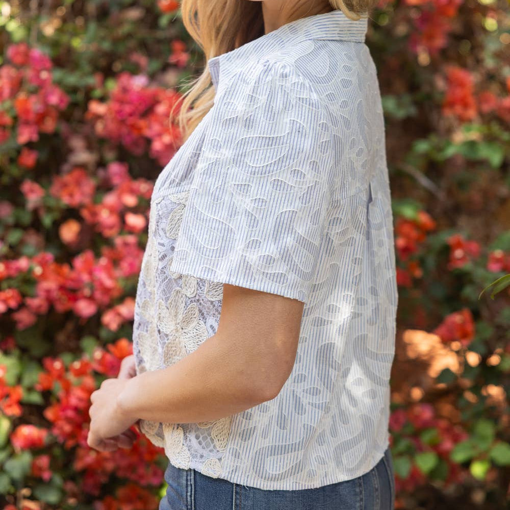 Blue Button Down Stripe Paisley Floral Embroidered Top