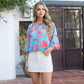 Blue Puff Sleeve Flowy Flower Blouse