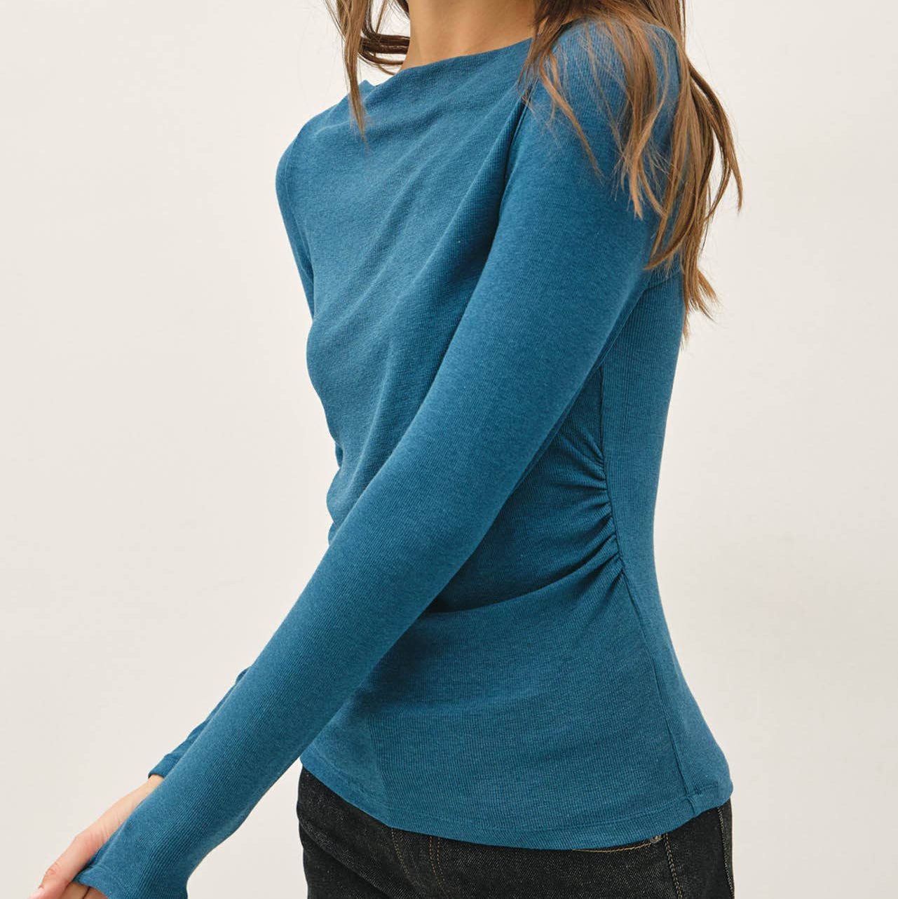Modal Ribbed Boat Neck Shirred Waist Top