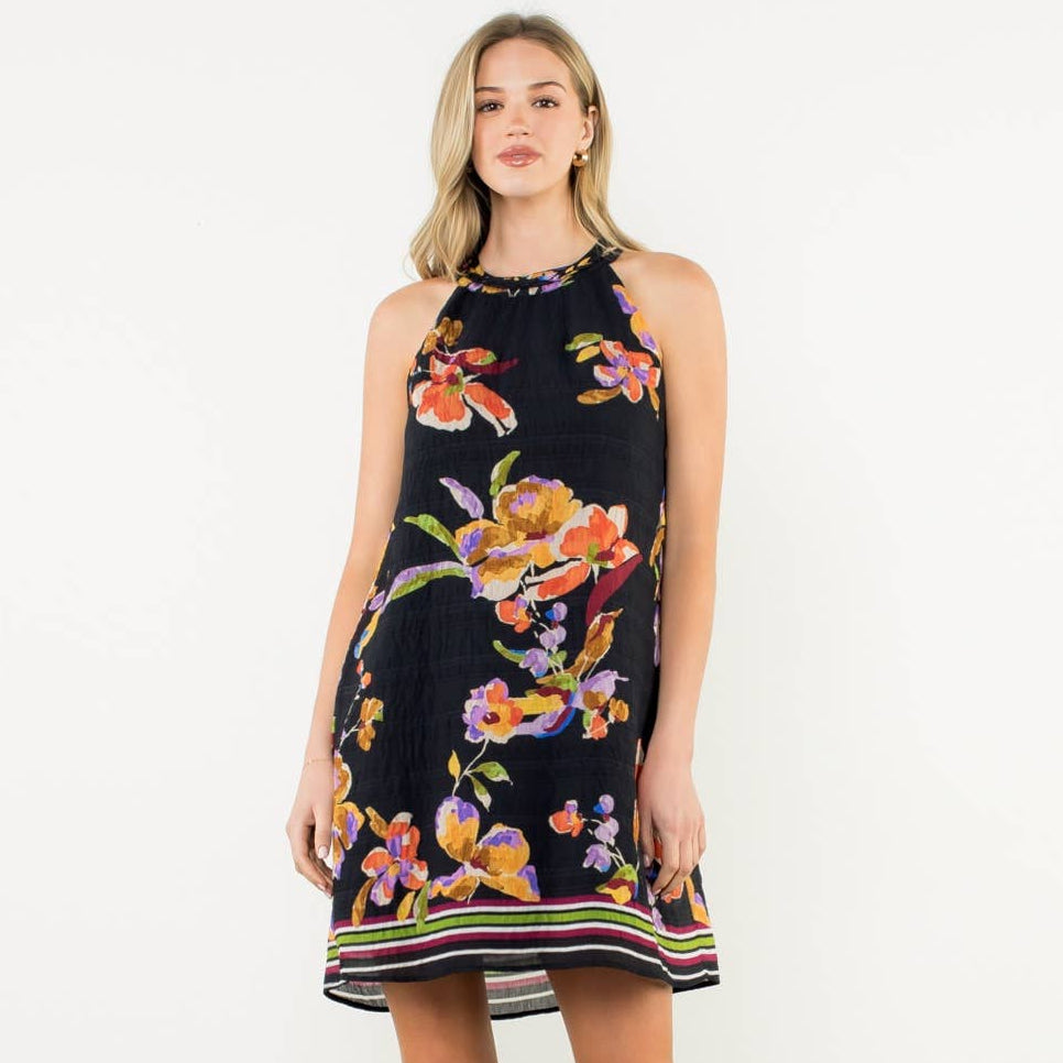 Black Sleeveless Floral Halter Dress