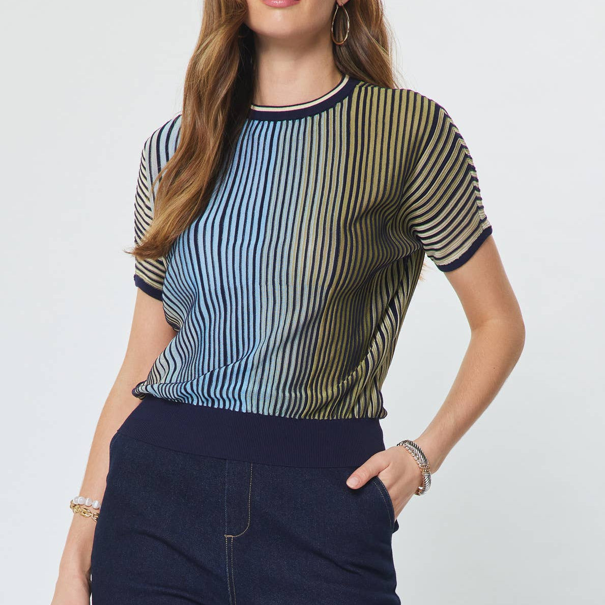 Striped Dolman Sleeve Short Sleeve Sweater