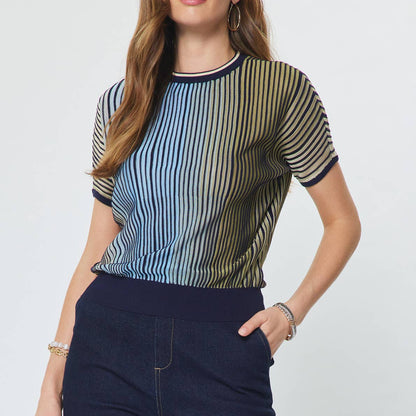 Striped Dolman Sleeve Short Sleeve Sweater
