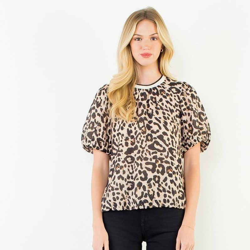 Flowy Puff Sleeve Animal Print Top