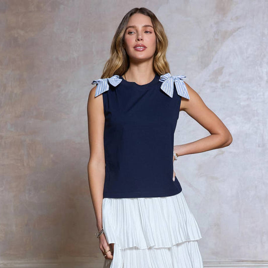 Navy Bow Shoulder Sleeveless Top