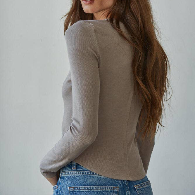Knit Ribbed Crew Neck Long Sleeve Half Button Up Top
