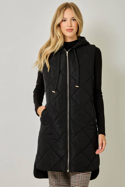 Quilted Puffer Long Hoodie Vest