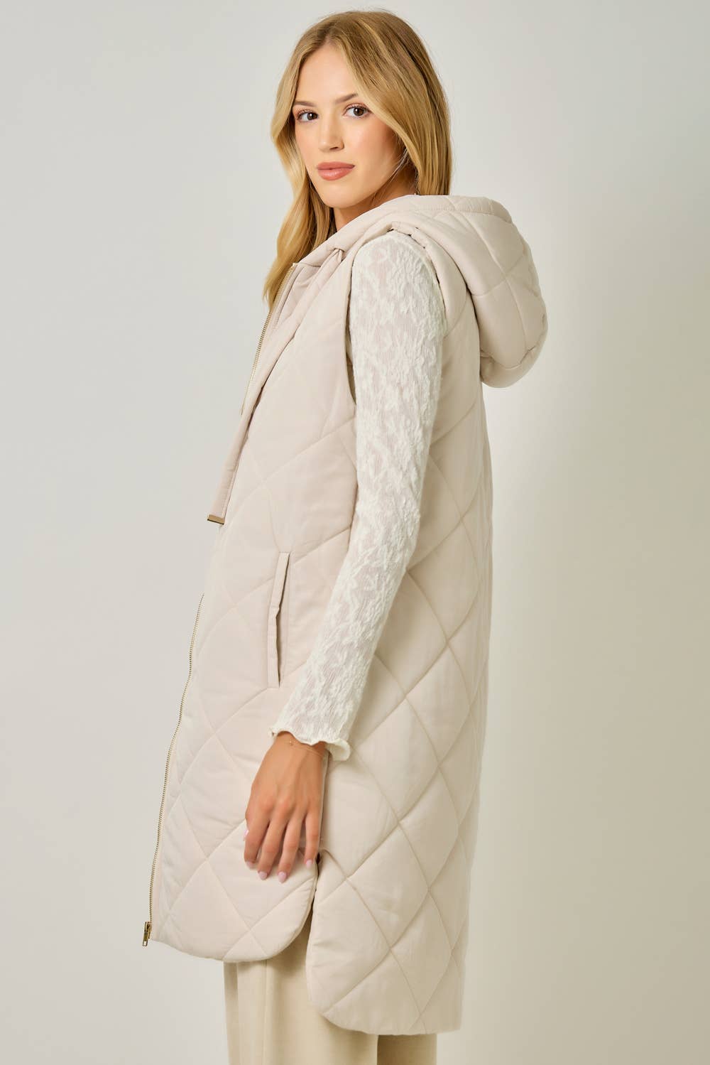 Quilted Puffer Long Hoodie Vest
