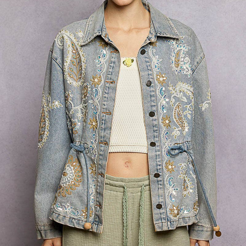 Waist Defining Embroidery Roomy Fit Denim Jacket