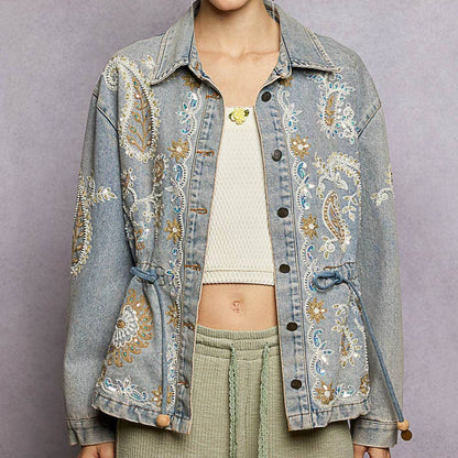 Waist Defining Embroidery Roomy Fit Denim Jacket