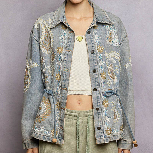 Waist Defining Embroidery Roomy Fit Denim Jacket