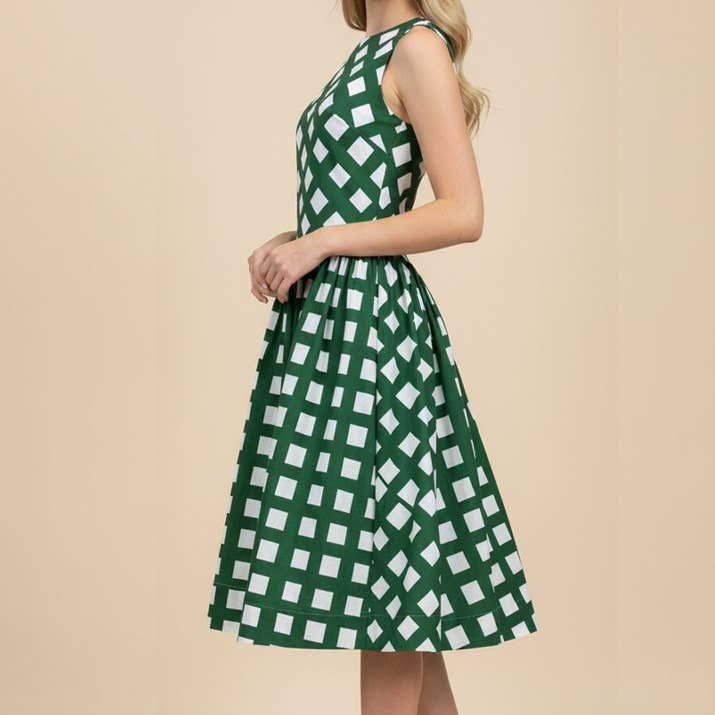Green Gingham Flare Midi Dress