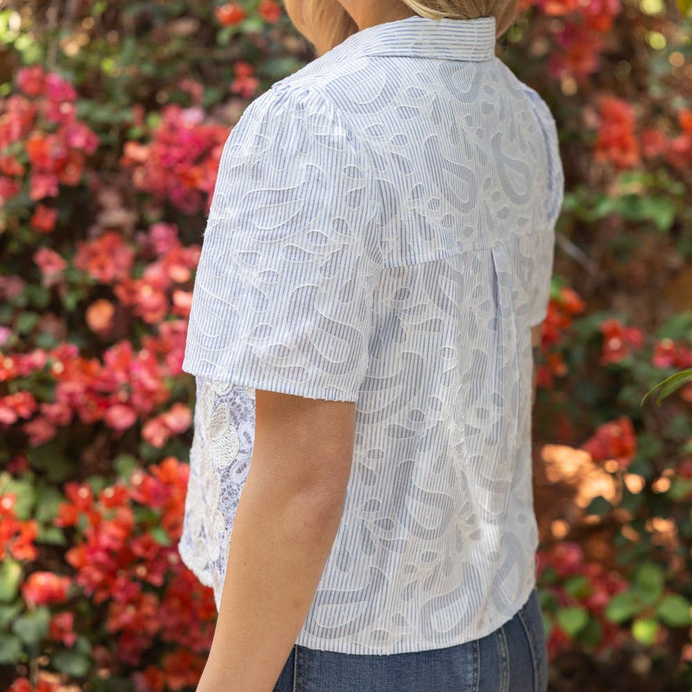 Blue Button Down Stripe Paisley Floral Embroidered Top