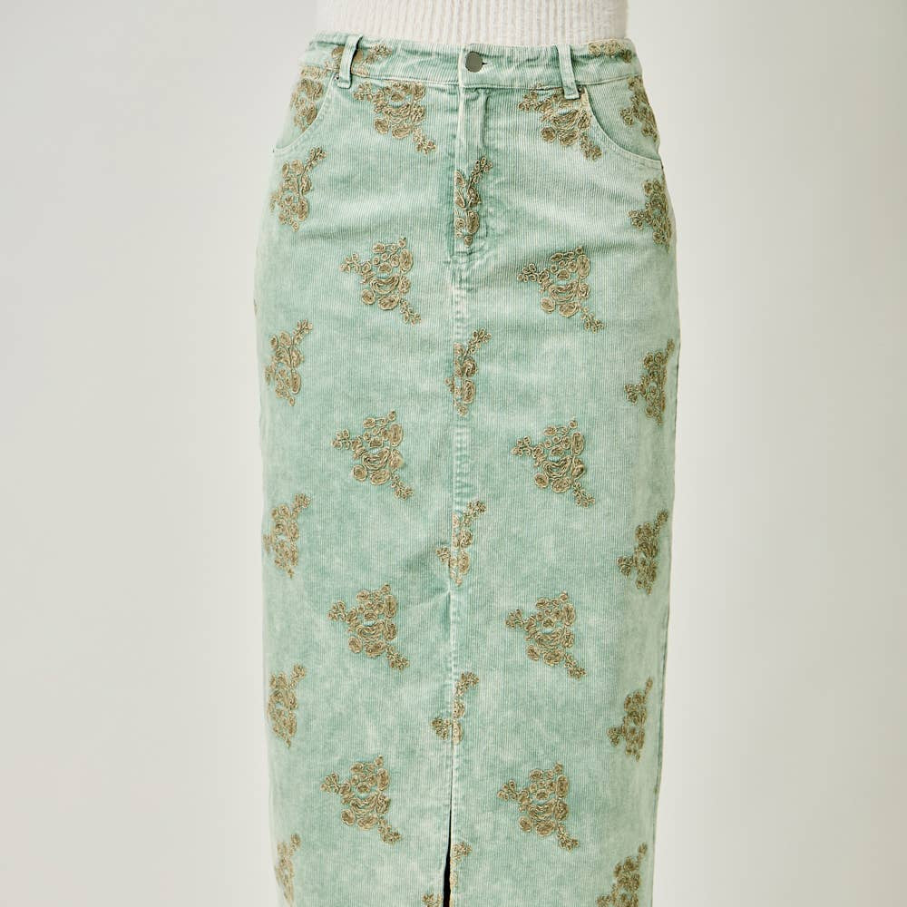 Embroidered Front Slit Corduroy Skirt