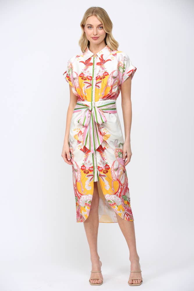 BOTANIC SCARF PRINT SELF TIE WAIST BUTTON DOWN DRESS
