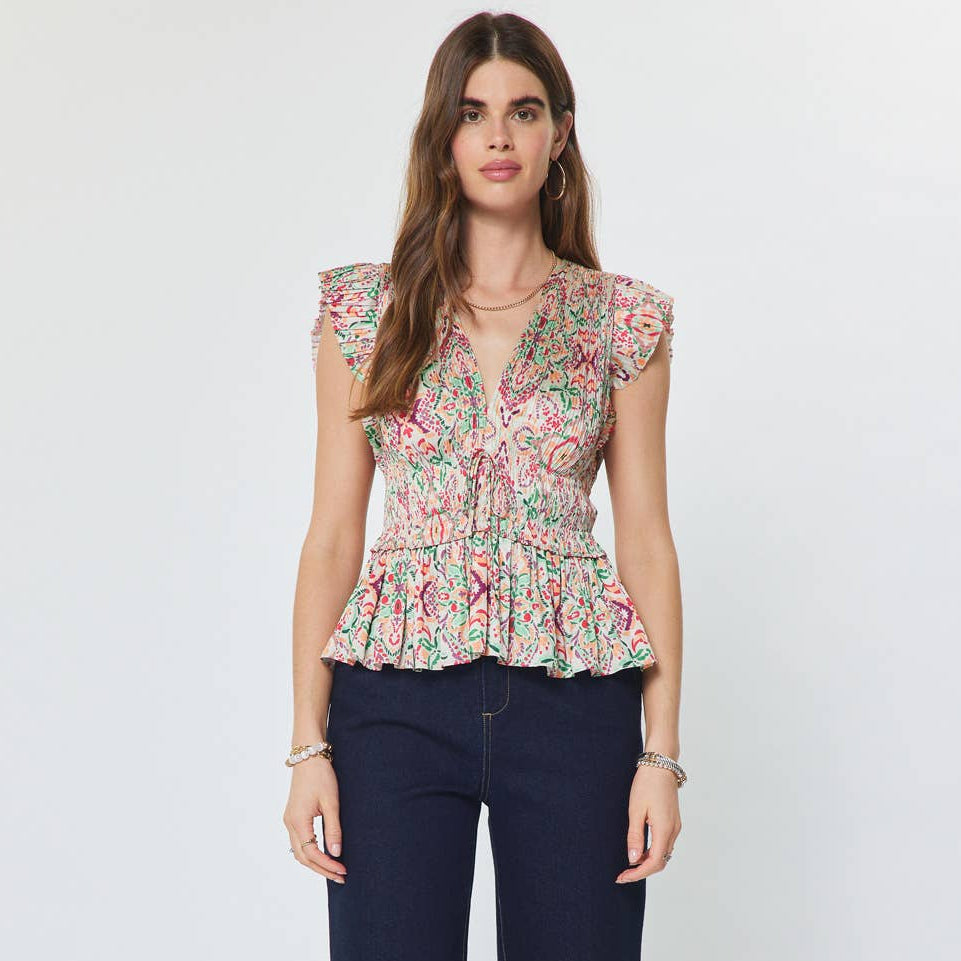 Printed Pleated Peplum V-neck Blouse