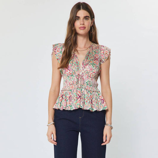 Printed Pleated Peplum V-neck Blouse