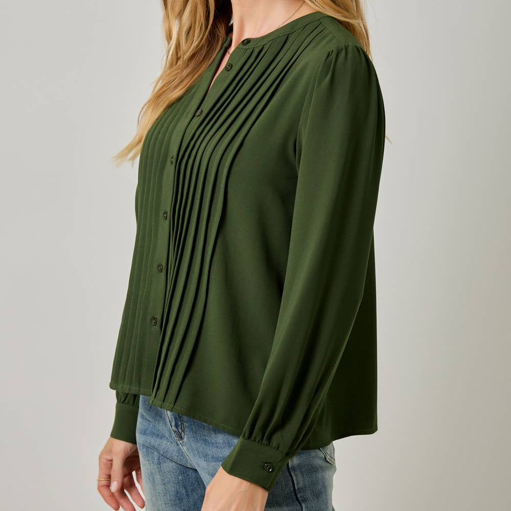 Front Pleated Button Down Shirt