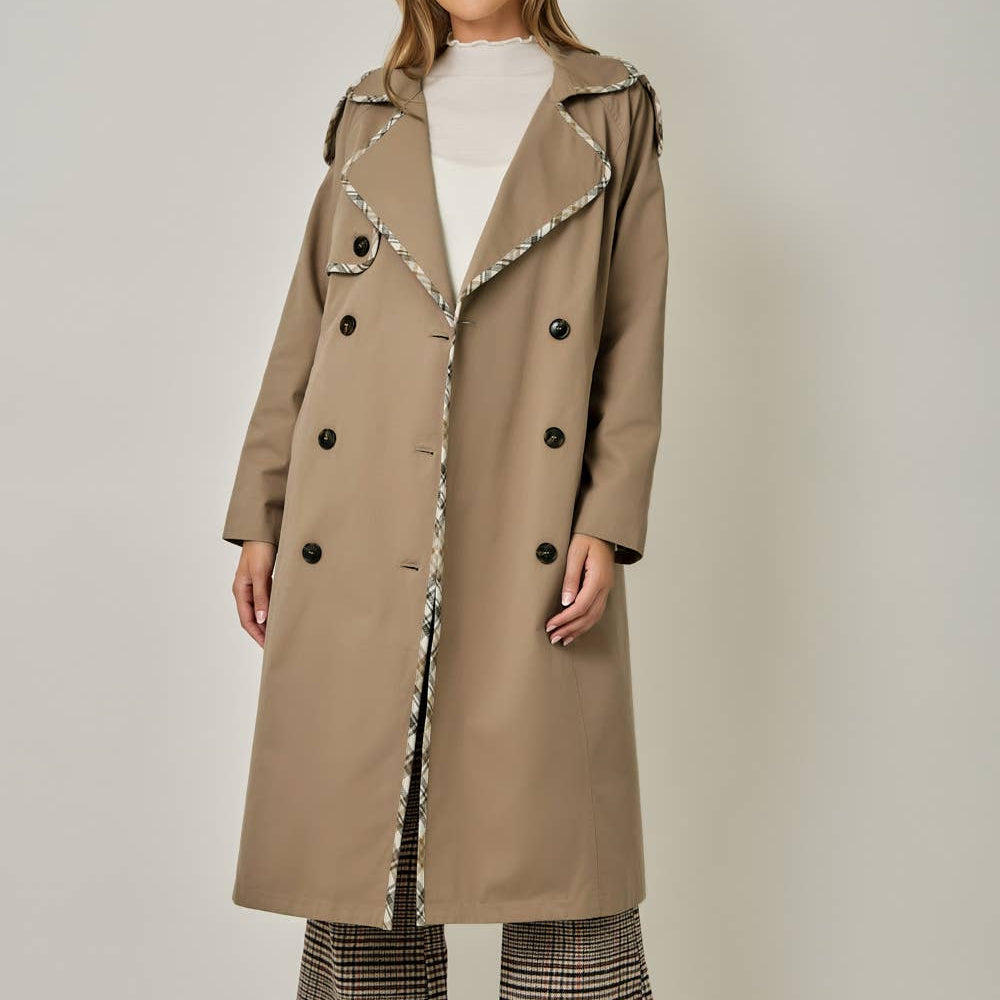 Plaid Trim Midi Trench Coat