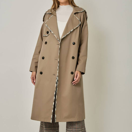 Plaid Trim Midi Trench Coat