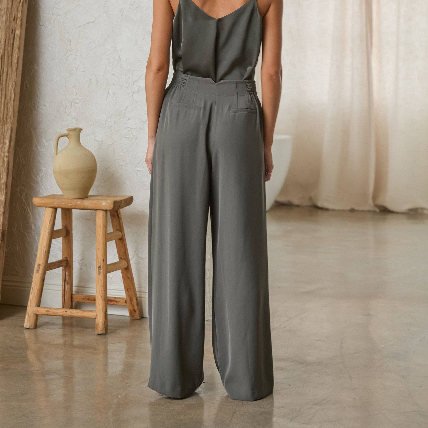 Eco-Friendly Recycled Poly Pleated Wide Leg Pants