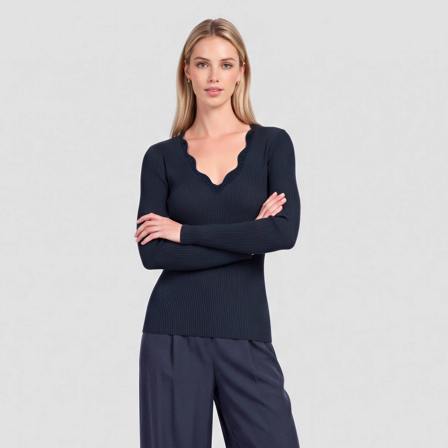 Ribbed Knit Scallop-Neck Top