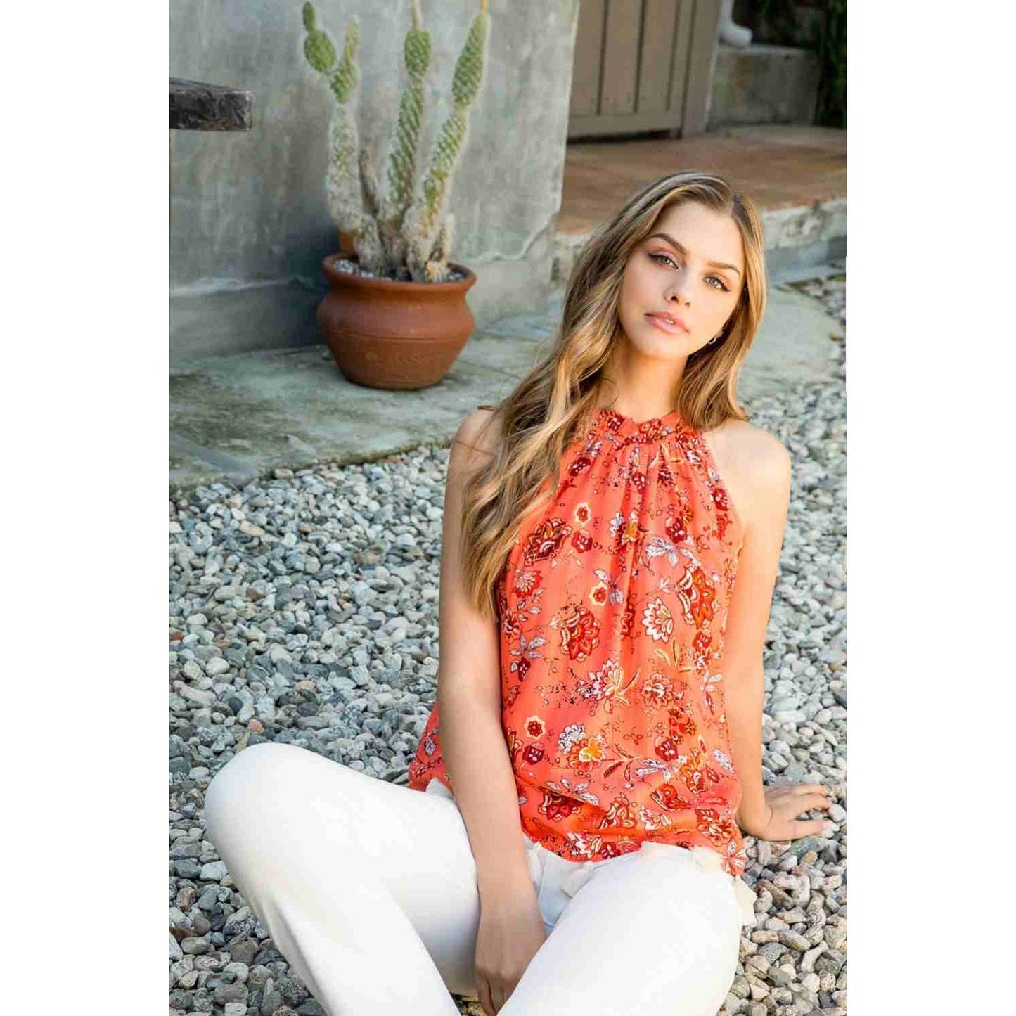 Halter Floral Metallic Stripe Top