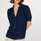 Navy 3D Floral Short Sleeve Button Down Blouse