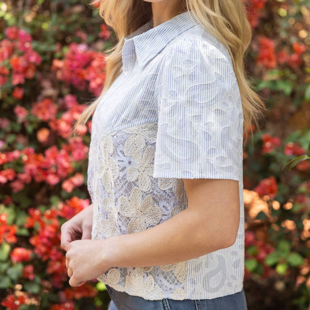 Blue Button Down Stripe Paisley Floral Embroidered Top