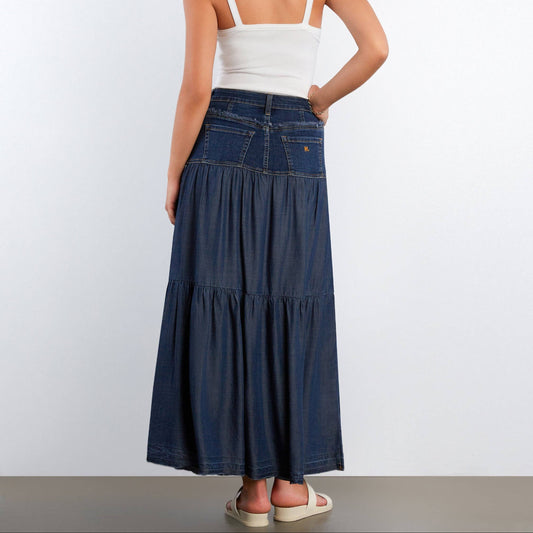 Denim Tiered & Fray Maxi Skirt