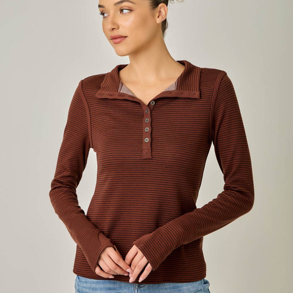 High Neck Striped Henley Top