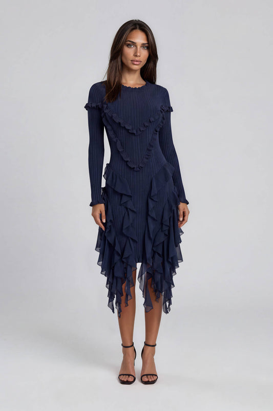 Ribbed Knit Ruffle Midi Dress