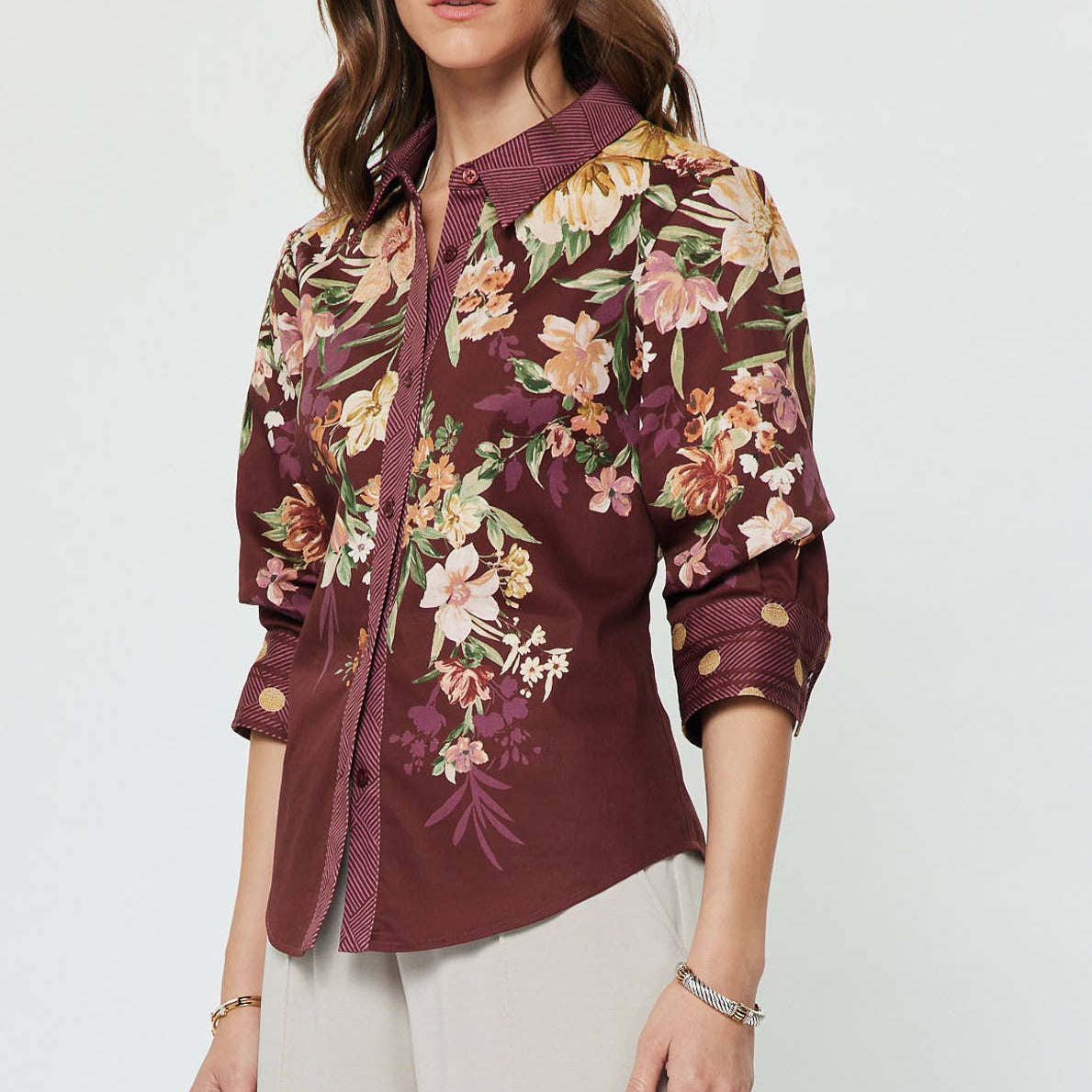 Floral Printed 3/4 sleeve Button-down Shirts