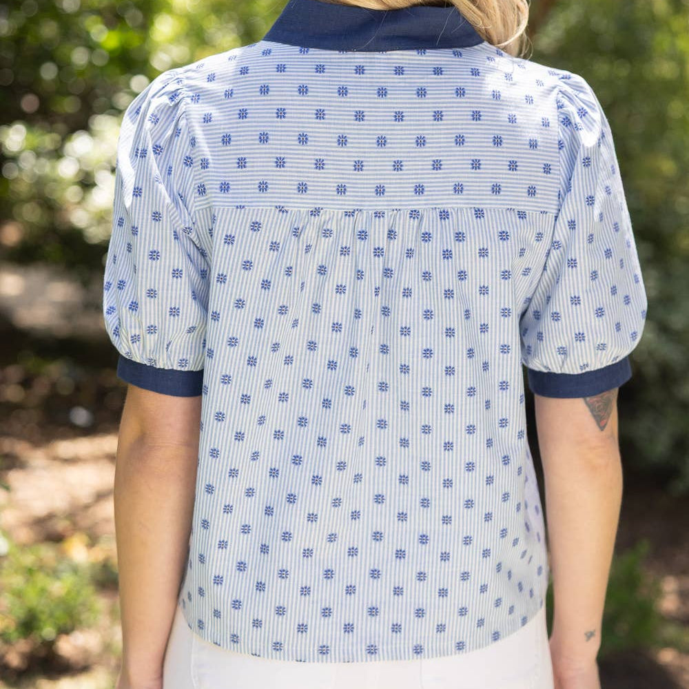 Blue Stripe Placket Embroidered Detail Stripe Top