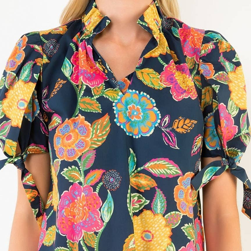 Short Sleeve Navy Floral Pattern V-Neck Top