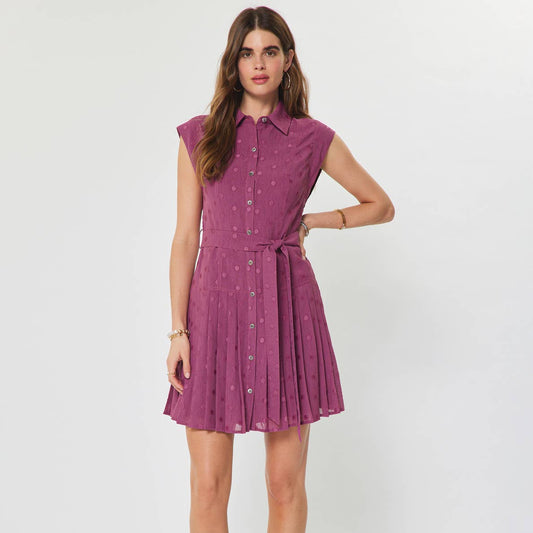 Dot Pleated Button Down Mini Dress