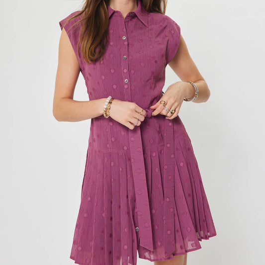 Dot Pleated Button Down Mini Dress
