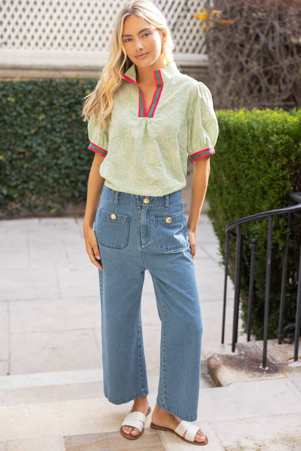 Color Pop Bands Floral Embroidered Mint Top