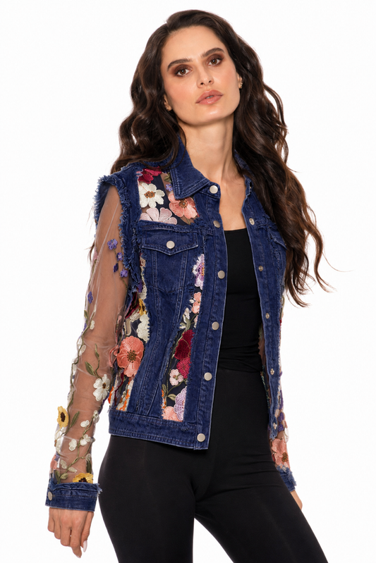 Denim Lace Jacket with Floral Embroidery