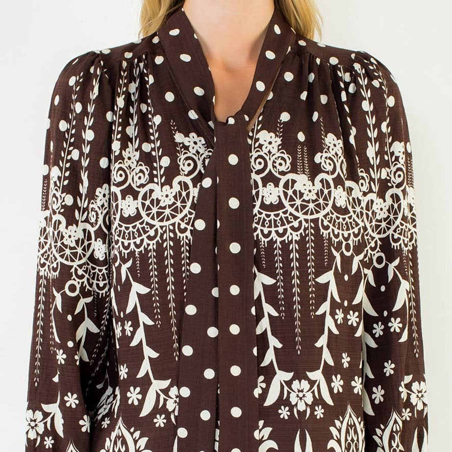 Tie Neck Long Sleeve Pattern Detail Top