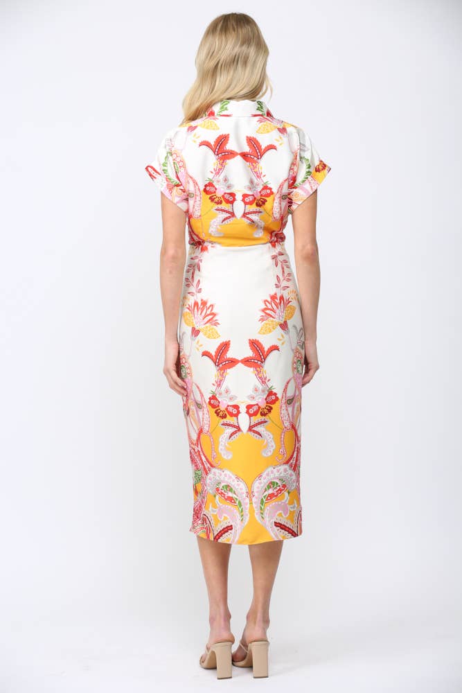 BOTANIC SCARF PRINT SELF TIE WAIST BUTTON DOWN DRESS