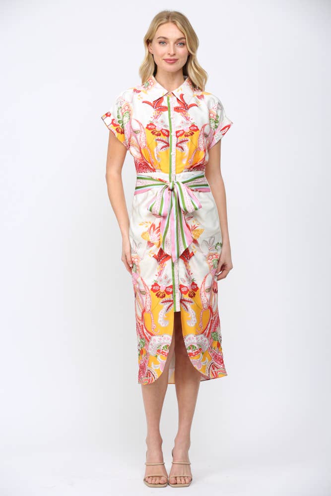 BOTANIC SCARF PRINT SELF TIE WAIST BUTTON DOWN DRESS