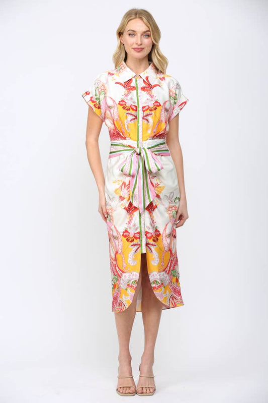 BOTANIC SCARF PRINT SELF TIE WAIST BUTTON DOWN DRESS