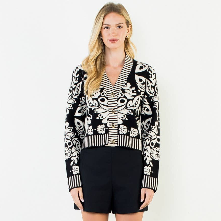 Floral V-Neck Cardigan With Gold Buttons