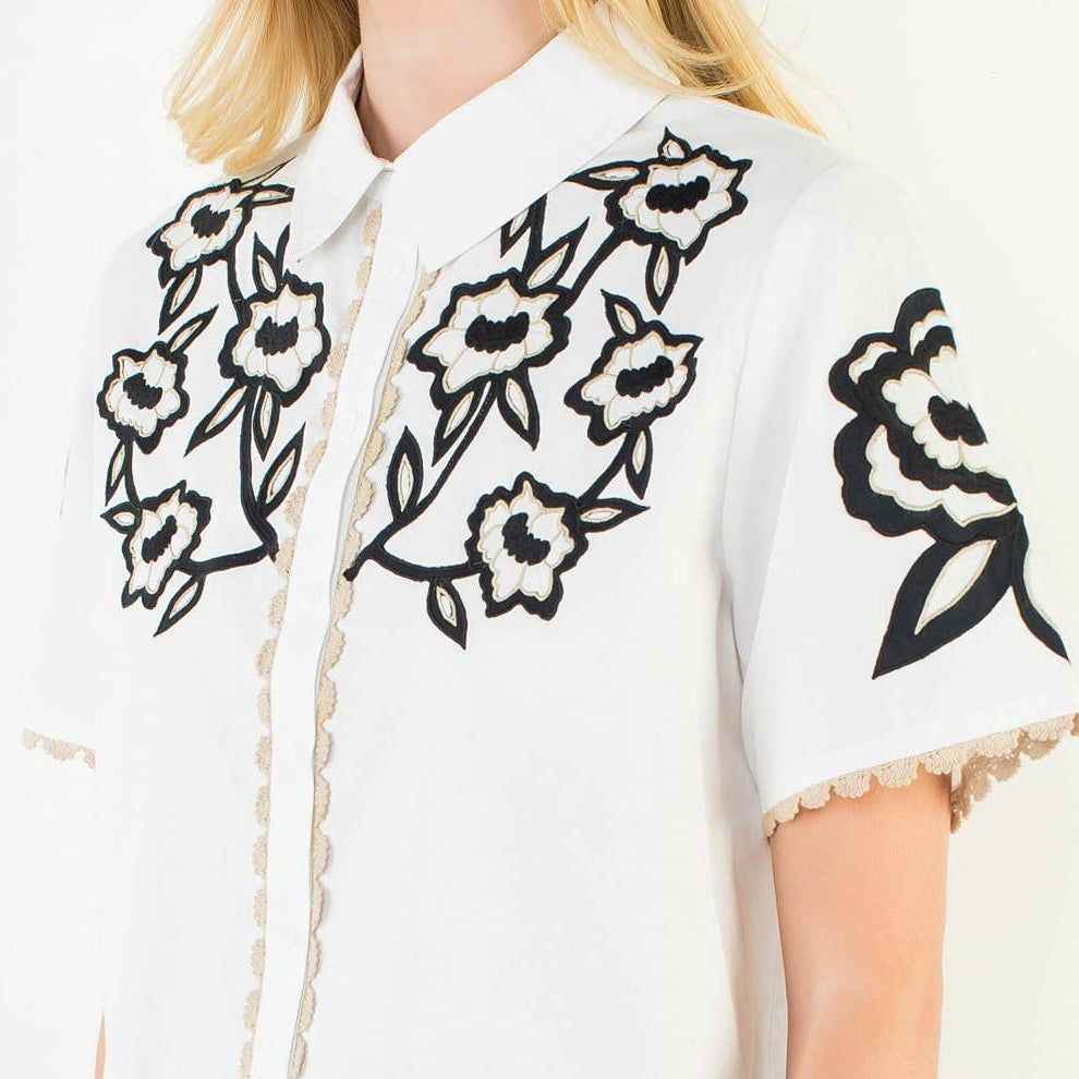 Collared Button Up Embroidery Top